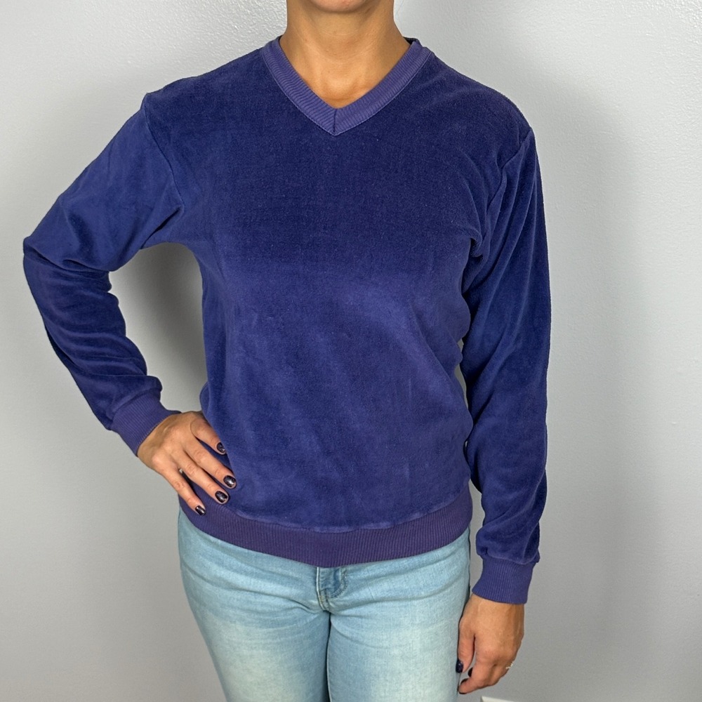 Vintage Kaynee Velour V-Neck Long Sleeve Sweatshirt Purple Pullover Made in USA